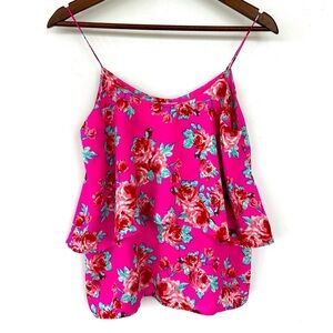 Paper Crane Pink Camisole Top with Ruffle, Floral Print, Loose & Flowy